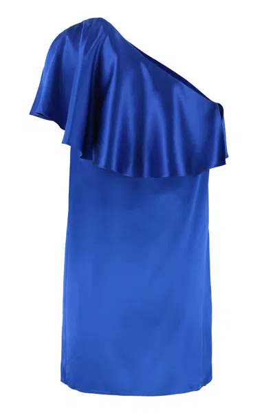 Shop Saint Laurent Ruffled One-shoulder Dress In Blue