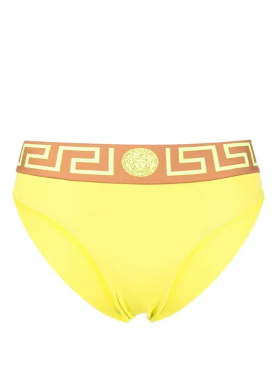 Shop Versace Greca Jacquard Bikini Briefs In Yellow & Orange
