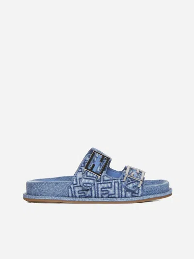 Shop Fendi Feel Ff Denim Sandals In Blue