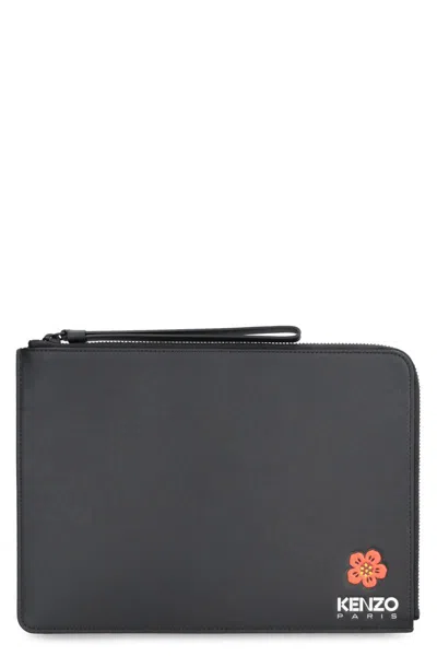 Shop Kenzo Leather Flat Pouch In Black