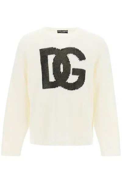 Shop Dolce & Gabbana Crewneck Pullover With Jacquard Logo In White
