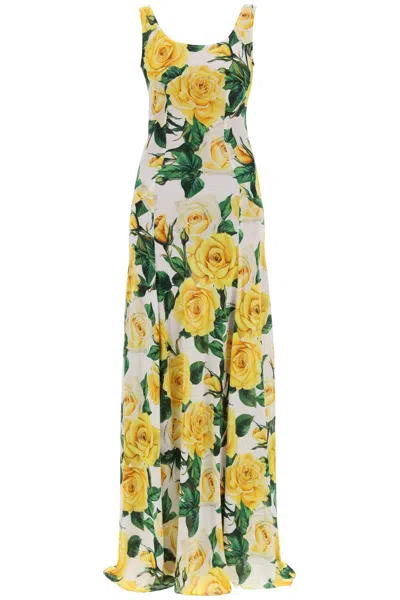 Shop Dolce & Gabbana Maxi Dress With Rose Print In Bianco