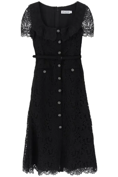 Shop Self-portrait "mid-length Guipure Lace Dress With Jewel In Black