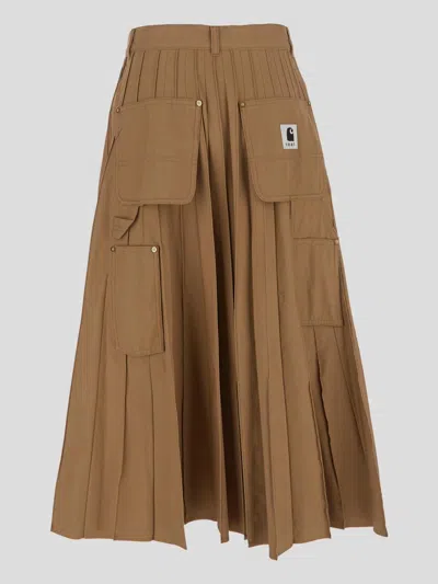 Shop Sacai X Carhartt Wip Cargo Pleated Midi Skirt In Beige