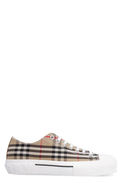 Shop Burberry Checked Motif Canvas Sneakers In Beige