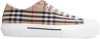 Shop Burberry Checked Motif Canvas Sneakers In Beige