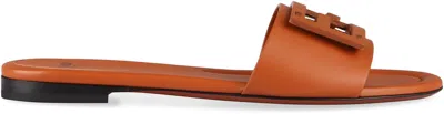 Shop Fendi Leather Slides With Logo In Saddle Brown