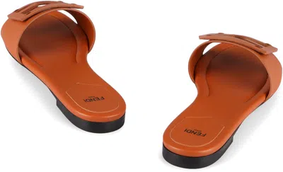 Shop Fendi Leather Slides With Logo In Saddle Brown