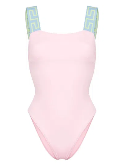 Shop Versace Greca Border One-piece Swimsuit In Pink & Purple