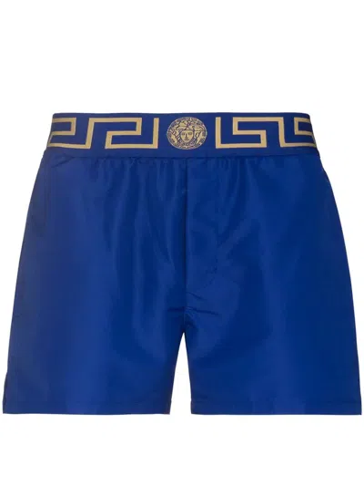 Shop Versace Greca Print Swimsuit In Blue