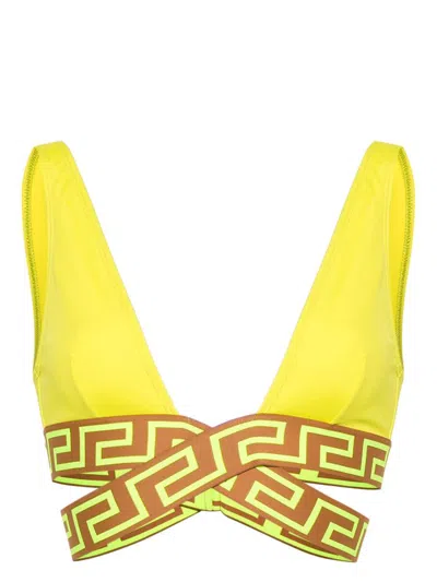 Shop Versace Greca Triangle Bikini Top In Yellow & Orange