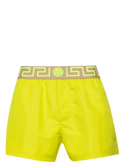 Shop Versace Greek Key Swimsuit In Yellow & Orange