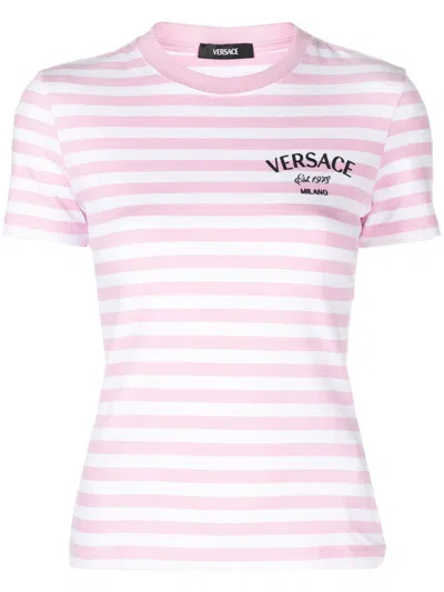 Shop Versace Striped T-shirt With Embroidery In Pink & Purple