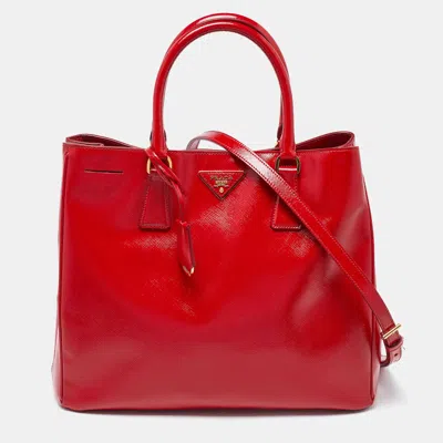 Shop Prada Saffiano Patent Leather Double Handle Open Tote In Red