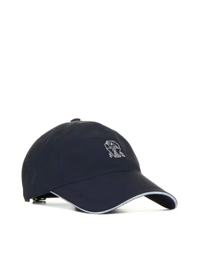 Shop Brunello Cucinelli Water-repellent Microfibre Baseball Cap With Contrasting Details And Embroidered  In Blu+panama