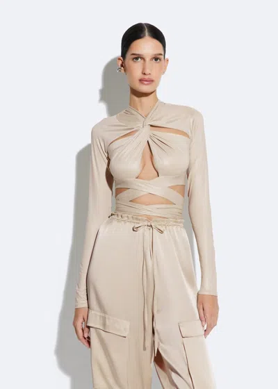 Shop Lapointe Coated Jersey Draped Wrap Tie Top In Sand