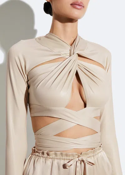 Shop Lapointe Coated Jersey Draped Wrap Tie Top In Sand