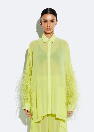 Shop Lapointe Georgette Oversized Shirt With Feathers In Lime