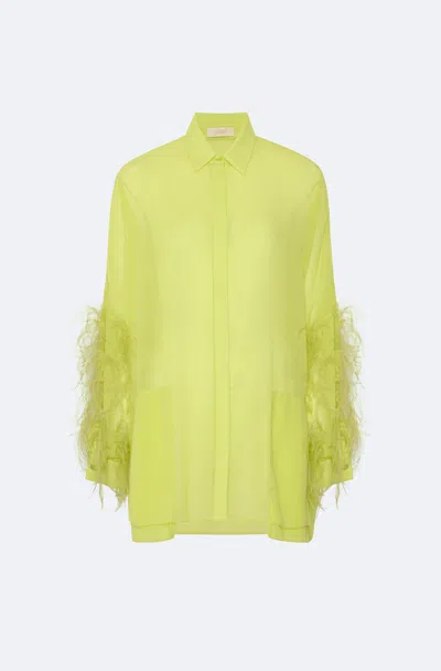 Shop Lapointe Georgette Oversized Shirt With Feathers In Lime