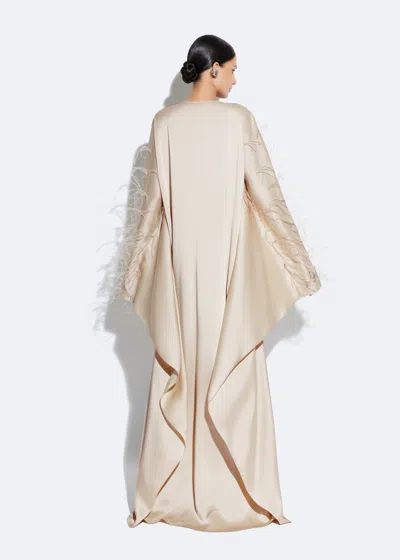 Shop Lapointe Satin Caftan With Feathers In Sand