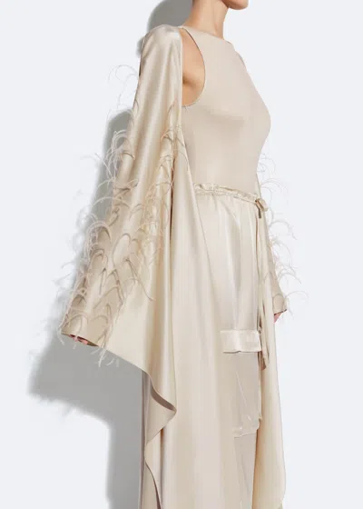 Shop Lapointe Satin Caftan With Feathers In Sand