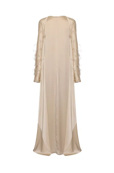 Shop Lapointe Satin Caftan With Feathers In Sand