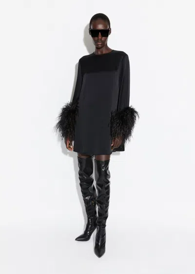Shop Lapointe Satin Dress With Feathers In Black