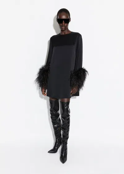 Lapointe Feather-trim Long-sleeve Satin Mini Shift Dress In Black