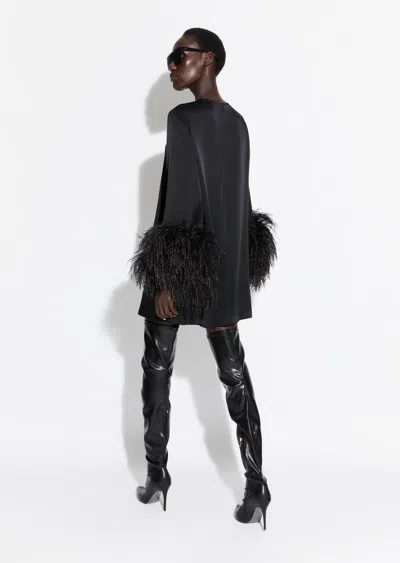 Lapointe Feather-trim Long-sleeve Satin Mini Shift Dress In Black