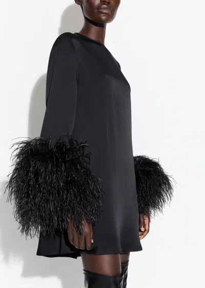 Shop Lapointe Satin Dress With Feathers In Black