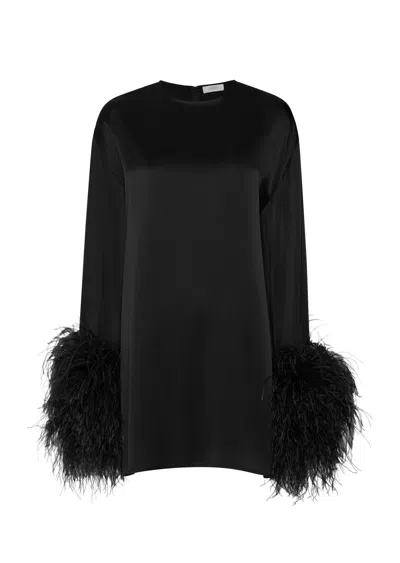 Lapointe Feather-trim Long-sleeve Satin Mini Shift Dress In Black