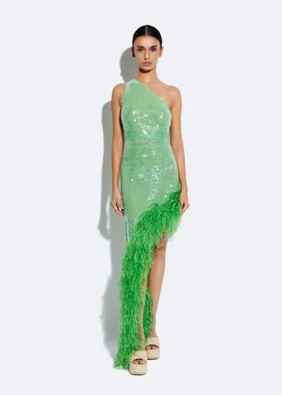 Shop Lapointe Sequin Sleeveless One Shoulder Dress With Feathers In Pear