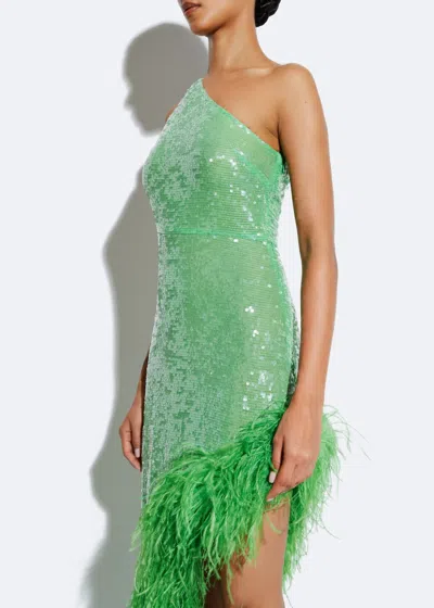 Shop Lapointe Sequin Sleeveless One Shoulder Dress With Feathers In Pear