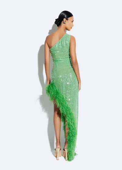 Shop Lapointe Sequin Sleeveless One Shoulder Dress With Feathers In Pear