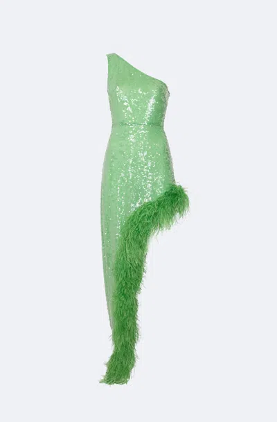 Shop Lapointe Sequin Sleeveless One Shoulder Dress With Feathers In Pear