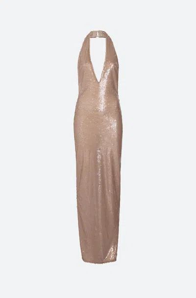 Lapointe Sheer Sequin Deep V Neck Gown In Smoke