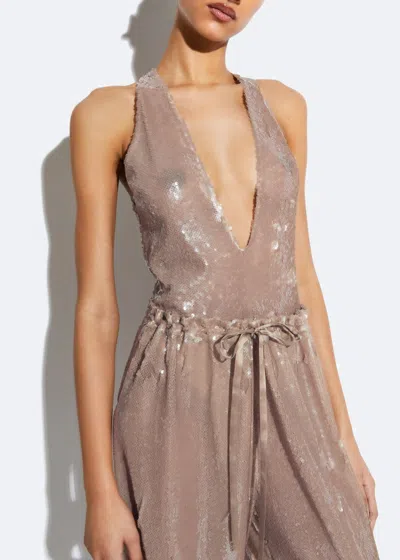 Lapointe Sheer Sequin Plunge Neck Bodysuit In Smoke