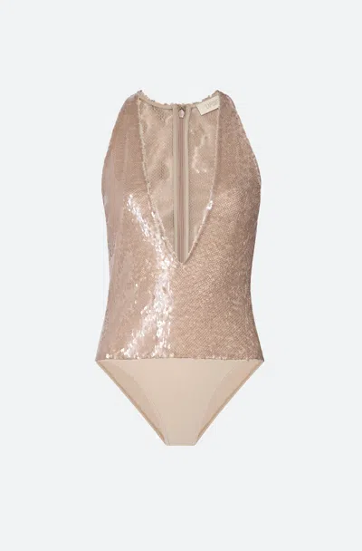 Lapointe Sheer Sequin Plunge Neck Bodysuit In Smoke