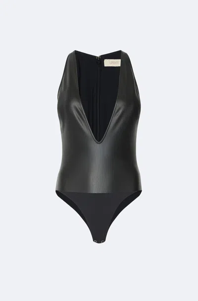 Lapointe Stretch Faux Leather Plunge Neck Bodysuit In Black
