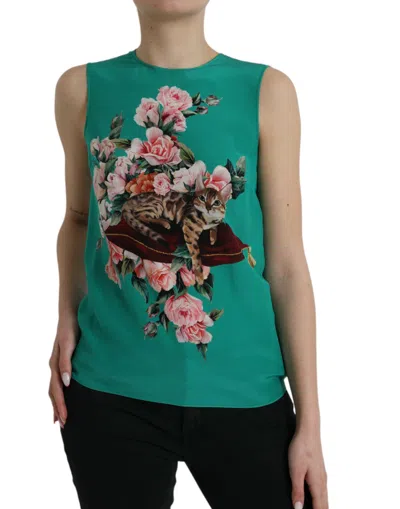 Shop Dolce & Gabbana Elegant Silk Sleeveless Floral Cat Tank Women's Top In Green