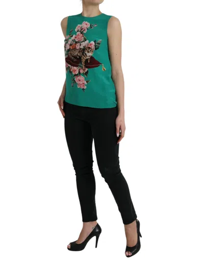 Shop Dolce & Gabbana Elegant Silk Sleeveless Floral Cat Tank Women's Top In Green