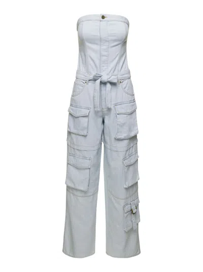 Shop Pinko Light Blue Cargo Jumpsuit With Belt In Cotton Denim Woman