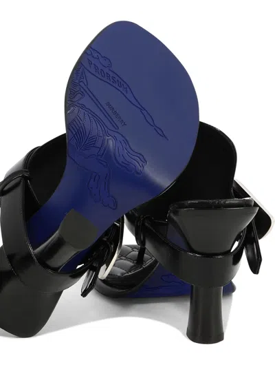 Burberry Black Leather Bay Heeled Sandals In Blue