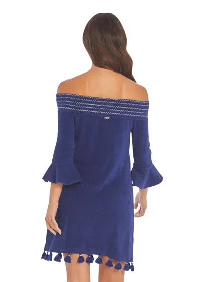 Shop Cabana Life Navy Terry Off The Shoulder Dress In Blue