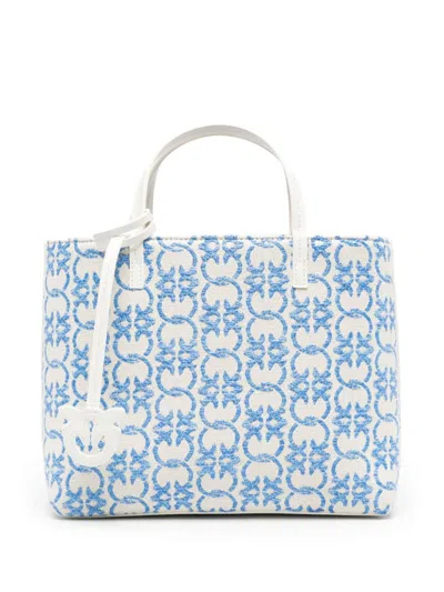 Shop Pinko Carrie Shopping Bag In Leather With Printed Logo In Blue