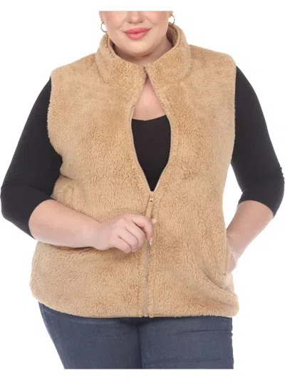 White Mark Plus Size Women's Zip Up Sherpa Vest Jacket In Brown