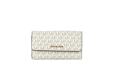 Shop Michael Kors Jet Set Travel Leather Large Trifold Wallet Clutch Women's Ivory In Multi