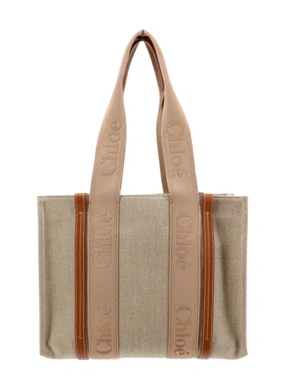 Shop Chloé Linen And Leather Shoulder Bag With Embroidered Logo