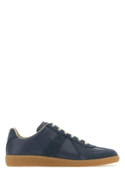 Shop Maison Margiela Man Blue Leather And Suede Replica Sneakers