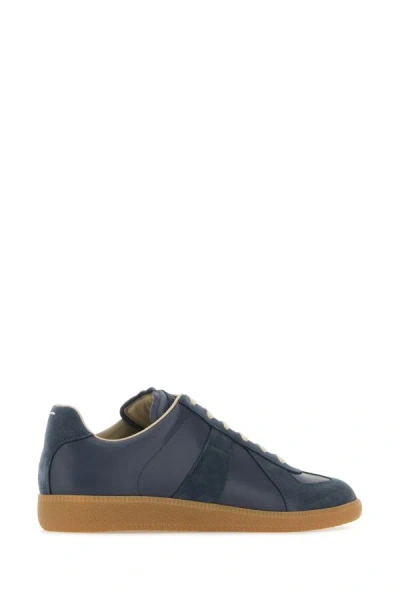 Shop Maison Margiela Man Blue Leather And Suede Replica Sneakers